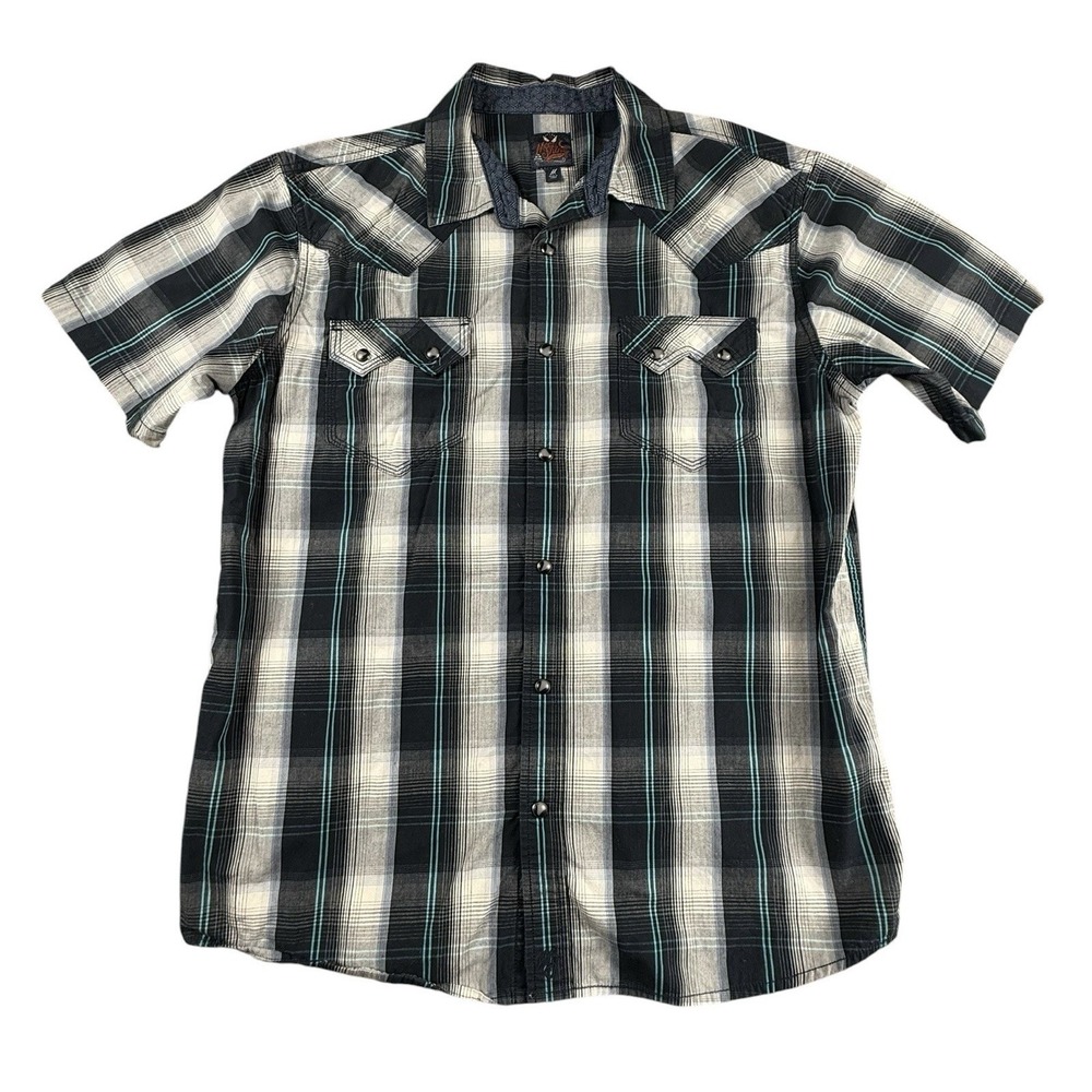 MOON SHINE SPIRIT Mens Medium Plaid Western Shirt Pearl Snap Short Sleeve